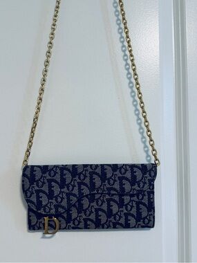 Dior Navy Blue Saddle Canvas Wallet with Gold Hardware Authentic